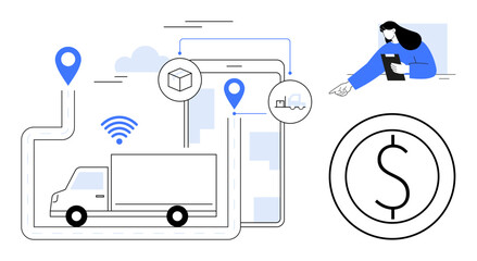 Poster - Delivery truck on a digital map, location pins, wireless signals, cargo crate, money symbol, and a person with a tablet. Ideal for logistics, supply chain, technology delivery e-commerce