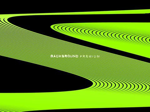 Background pattern of bright green neon stripes that curve and wavy dynamically on a black background, creating an effect of movement and modernity.