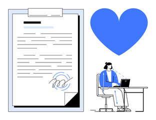 Poster - Large signed document beside a person at a desk working on a laptop under a blue heart. Ideal for remote work, legal agreements, digital workflow, online tools, contract management, e-signature