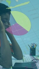 Poster - Animation of infographic interface over tired african american woman massaging head in office