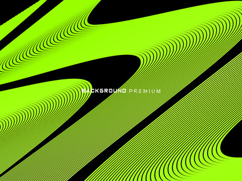 Background pattern of bright green neon stripes that curve and wavy dynamically on a black background, creating an effect of movement and modernity.