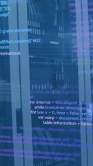 Poster - Animation of computer language and connected icons over data server racks in server room