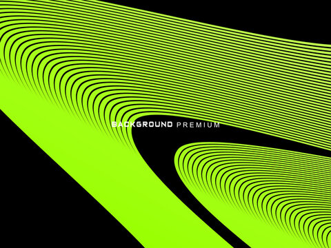 Background pattern of bright green neon stripes that curve and wavy dynamically on a black background, creating an effect of movement and modernity.