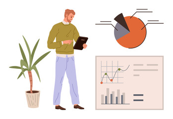 Poster - Business professional reviewing tablet alongside pie chart, line graph, and bar graph. Ideal for data analysis, business strategy, teamwork, workplace productivity, market research, statistics