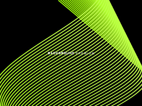 Background pattern of bright green neon stripes that curve and wavy dynamically on a black background, creating an effect of movement and modernity.