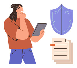 Poster - Woman holding a tablet and thinking, a shield symbolizing security, and stacked documents representing data or compliance. Ideal for cybersecurity, decision-making, privacy, data protection