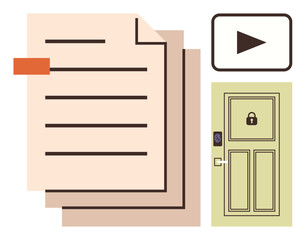 Poster - Stacked documents, play button, and locked door symbolizing data security, access management, and media sharing. Ideal for cybersecurity, document management, online learning, privacy data sharing