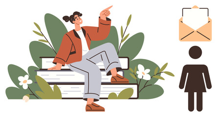 Poster - Young woman sitting on stacked books surrounded by plants, pointing upward. Includes envelope and woman figure icon. Ideal for education, learning, communication, identity, growth, inspiration