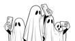 © Albina - Group of cheerful ghosts taking selfies with smartphones, playful atmosphere, black and white illustration, Halloween theme