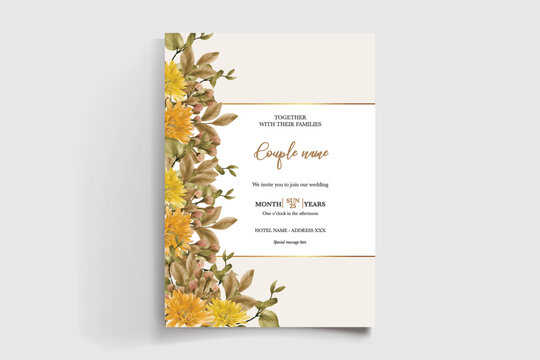 WEDDING INVITATION FRAME WITH FLOWER DECORATIONS AND FRESH LEAVES