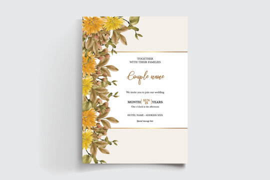 WEDDING INVITATION FRAME WITH FLOWER DECORATIONS AND FRESH LEAVES