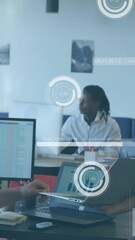 Poster - Animation of financial data processing over diverse colleagues discussing work in office