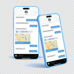 Poster - 3D Smartphone Mockup with Chat App and Messenger UI – Blue Edge Mobile Phone Showing Speech Bubble, Dialogue, Conversation, Voice Message, Map Sharing, GPS Location on Transparent Background Vector.