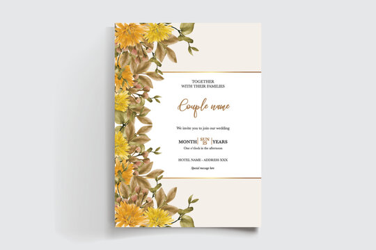 WEDDING INVITATION FRAME WITH FLOWER DECORATIONS AND FRESH LEAVES