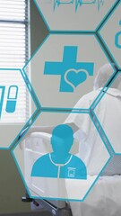Poster - Animation of network of medical icons over african american man in hospital bed