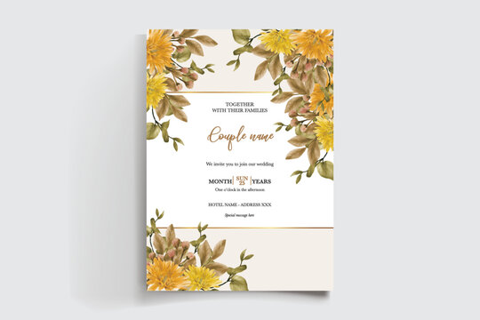 WEDDING INVITATION FRAME WITH FLOWER DECORATIONS AND FRESH LEAVES
