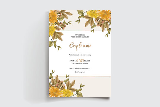 WEDDING INVITATION FRAME WITH FLOWER DECORATIONS AND FRESH LEAVES