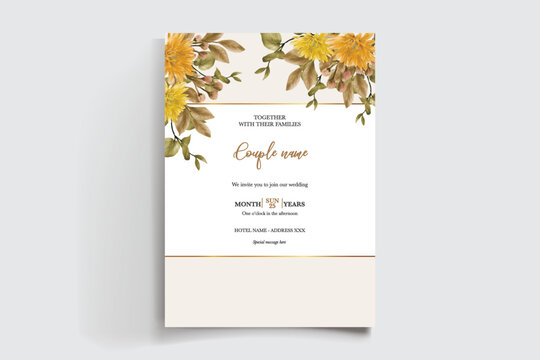 WEDDING INVITATION FRAME WITH FLOWER DECORATIONS AND FRESH LEAVES