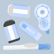 © Qubii Studio - Pastel blue erasing tools collection including correction tapes, pens, and erasers. Soft vector with subtle light.