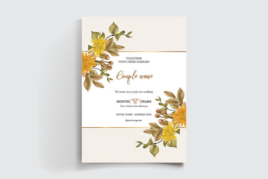 WEDDING INVITATION FRAME WITH FLOWER DECORATIONS AND FRESH LEAVES