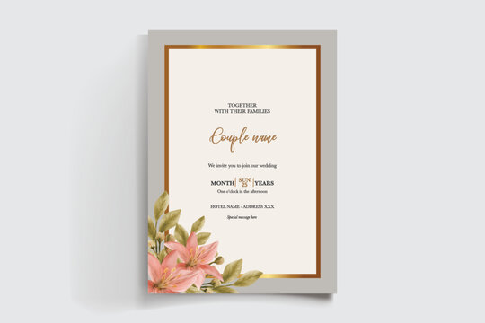 WEDDING INVITATION FRAME WITH FLOWER DECORATIONS AND FRESH LEAVES