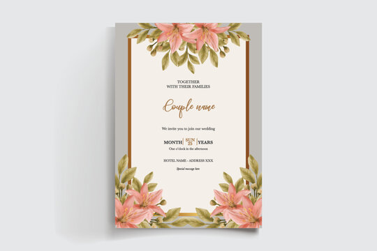 WEDDING INVITATION FRAME WITH FLOWER DECORATIONS AND FRESH LEAVES