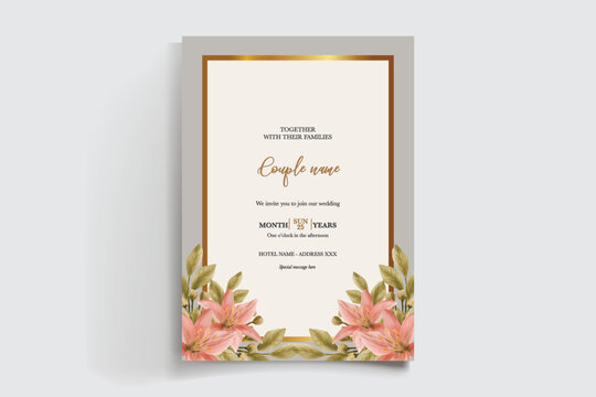 WEDDING INVITATION FRAME WITH FLOWER DECORATIONS AND FRESH LEAVES