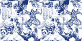 African Animals drawn seamless pattern. Blue and white animals Background