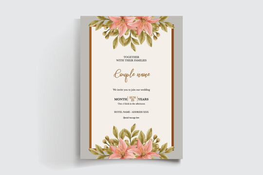 WEDDING INVITATION FRAME WITH FLOWER DECORATIONS AND FRESH LEAVES
