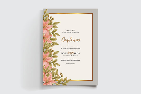 WEDDING INVITATION FRAME WITH FLOWER DECORATIONS AND FRESH LEAVES