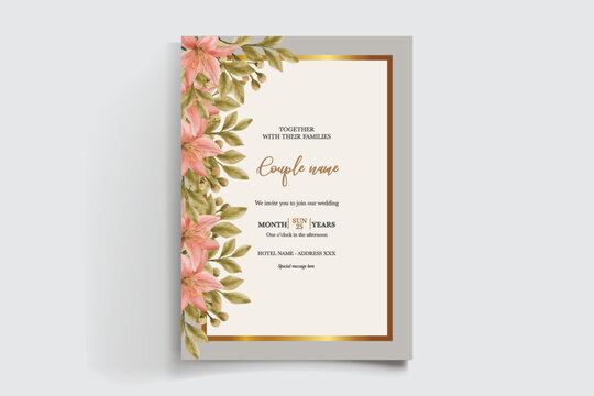 WEDDING INVITATION FRAME WITH FLOWER DECORATIONS AND FRESH LEAVES