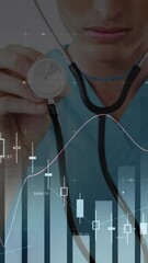 Poster - Using stethoscope, doctor examining financial data analysis animation on screen