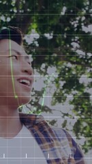  - Smiling man outdoors with financial data chart animation