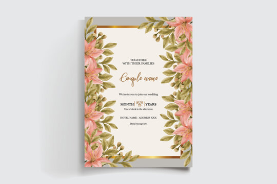 WEDDING INVITATION FRAME WITH FLOWER DECORATIONS AND FRESH LEAVES