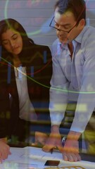 Poster - Analyzing blueprints, business team with financial data animation over office scene
