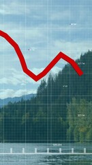 Poster - Red line graph animation over serene lake and forested mountain landscape