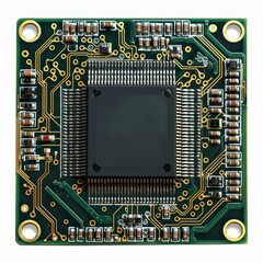 Poster - Close up of a green circuit board with a large black microchip, showcasing the intricate details of electronic components