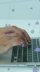 Poster - Animation of network of digital icons spinning over mid section of a woman using a laptop at office