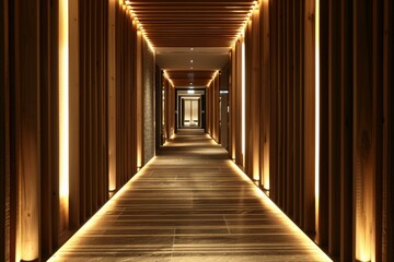 Poster - Empty corridor with warm lights and wooden walls creating a cozy and inviting atmosphere
