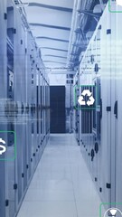Poster - Animation of multiple icons, computer language over corridor of data server room
