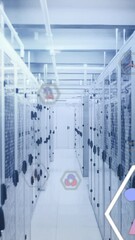 Poster - Animation of multiple icons and lens flares over binary codes on data server racks