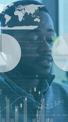 Poster - Businessman in office with data analytics and world map overlay animation