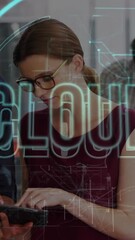 Poster - Diverse team collaborating on tablet with cloud computing animation overlay