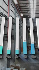 Poster - In warehouse, animation of 3D bar chart displaying monthly data on shelves