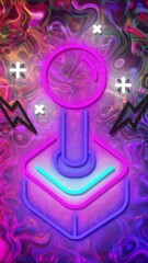 Poster - Animation of colorful joystick with lightning symbols on vibrant swirling background