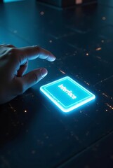 Poster - A hand approaches a glowing blue “Interface” button set on a sleek futuristic control surface, highlighted by holographic effects and digital textures, vertical composition