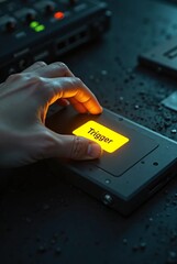 Poster - A hand presses a glowing yellow “Trigger” button on a dark high-tech surface, symbolizing decisive action and system activation in a futuristic environment, vertical composition