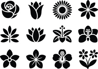 Poster - Collection of twelve stylized black flower icons on a white background