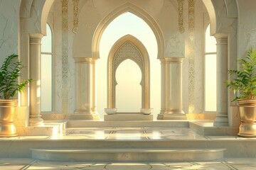 Poster - Ornate moorish architecture with golden accents and marble floors creates a majestic atmosphere in a palace interior