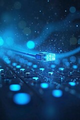 Poster - A glowing blue cable extends over a detailed circuit board with shimmering particles, vertical composition. This vibrant image represents high speed data transfer and network connectivity.